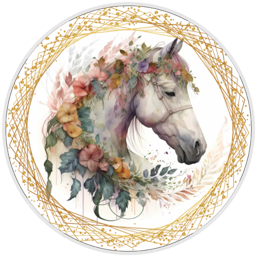 10” White Wild Floral Horse Wreath Sign, Home Decor, Aluminum, The Ritzy Cactus