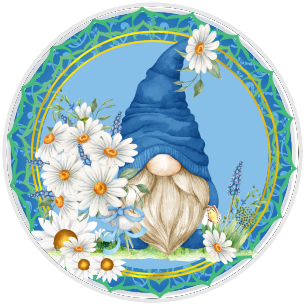 10” Blue Daisy Gnome Wreath Sign, Home Decor, Aluminum, The Ritzy Cactus