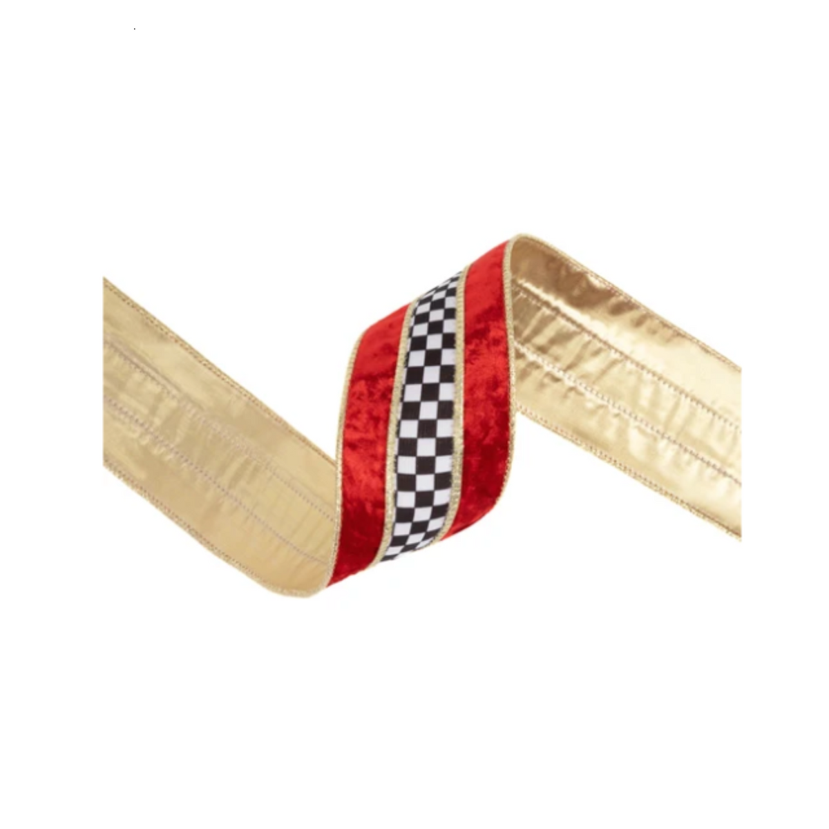 2 1/2" Wired Velvet Ribbon | Black/White Check w/ Red Banded w/ Gold Backing | 10 Yard Roll