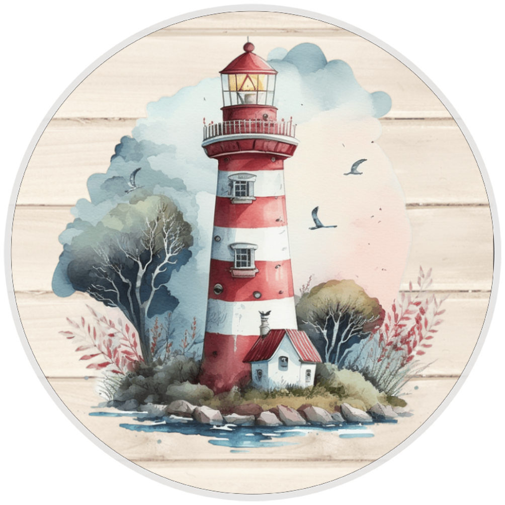 10” Red & White Lighthouse Wreath Sign, Home Decor, Aluminum, The Ritzy Cactus