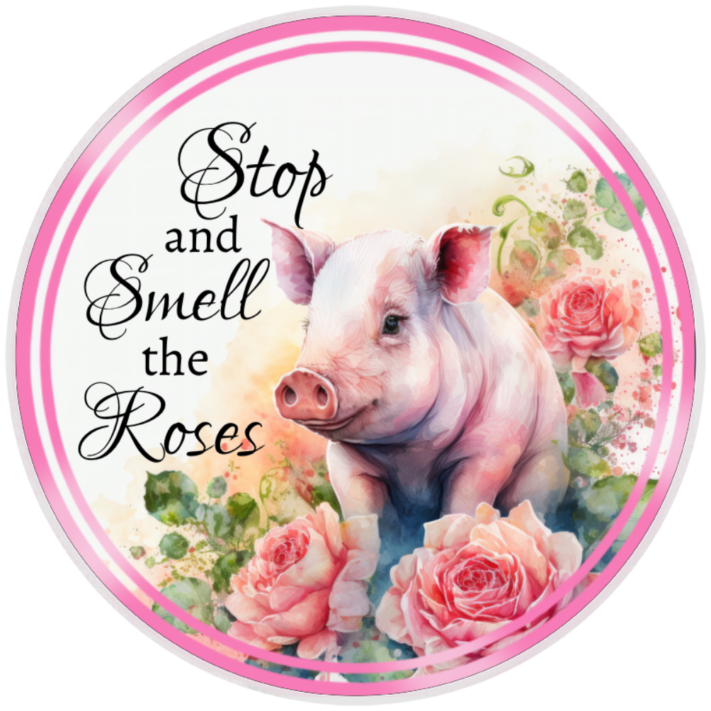 10” Stop and Smell the Roses Floral Pig Sign, Home Decor, Aluminum, The Ritzy Cactus