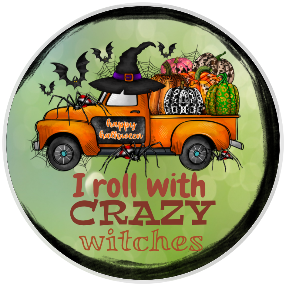 10” Halloween Crazy Witch Truck Wreath Sign, Home Decor, Aluminum, The Ritzy Cactus