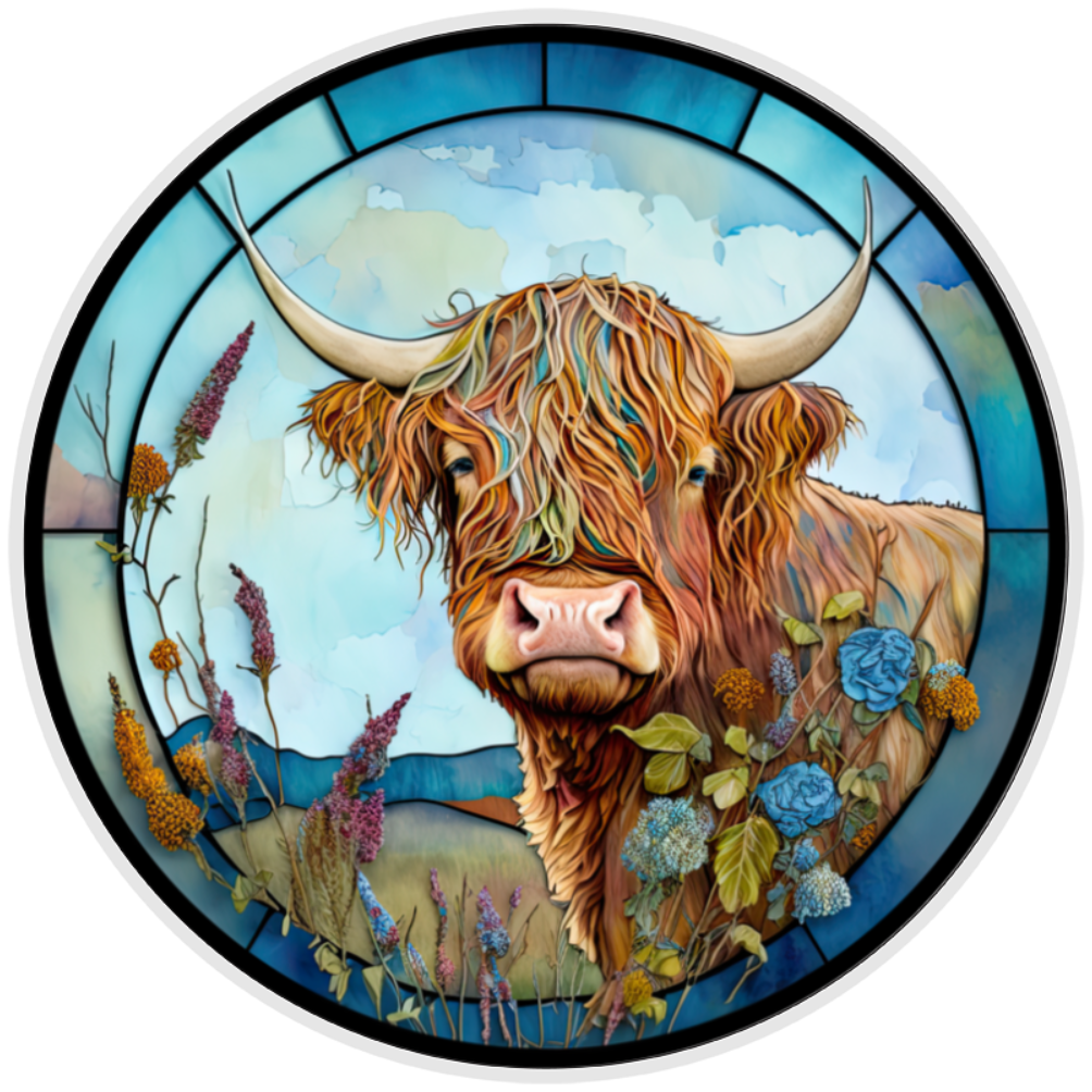 10” Highland Cow Stained Glass Look Metal Sign, Home Decor, Aluminum, The Ritzy Cactus