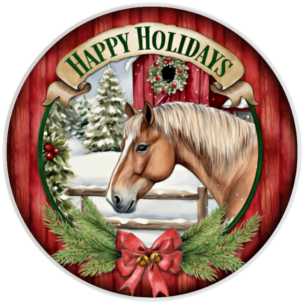10” Happy Holidays Horse Christmas Welcome Wreath Sign, Home Decor, Aluminum, The Ritzy Cactus