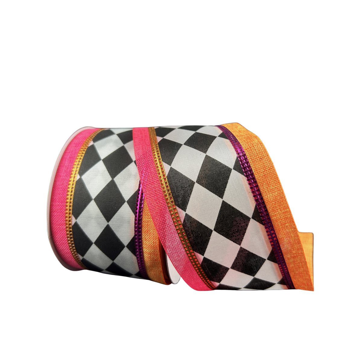 Harlequin Black White Orange Hot Pink Trim Wired Ribbon – 2.5" x 10 Yards, Wreath Ribbon