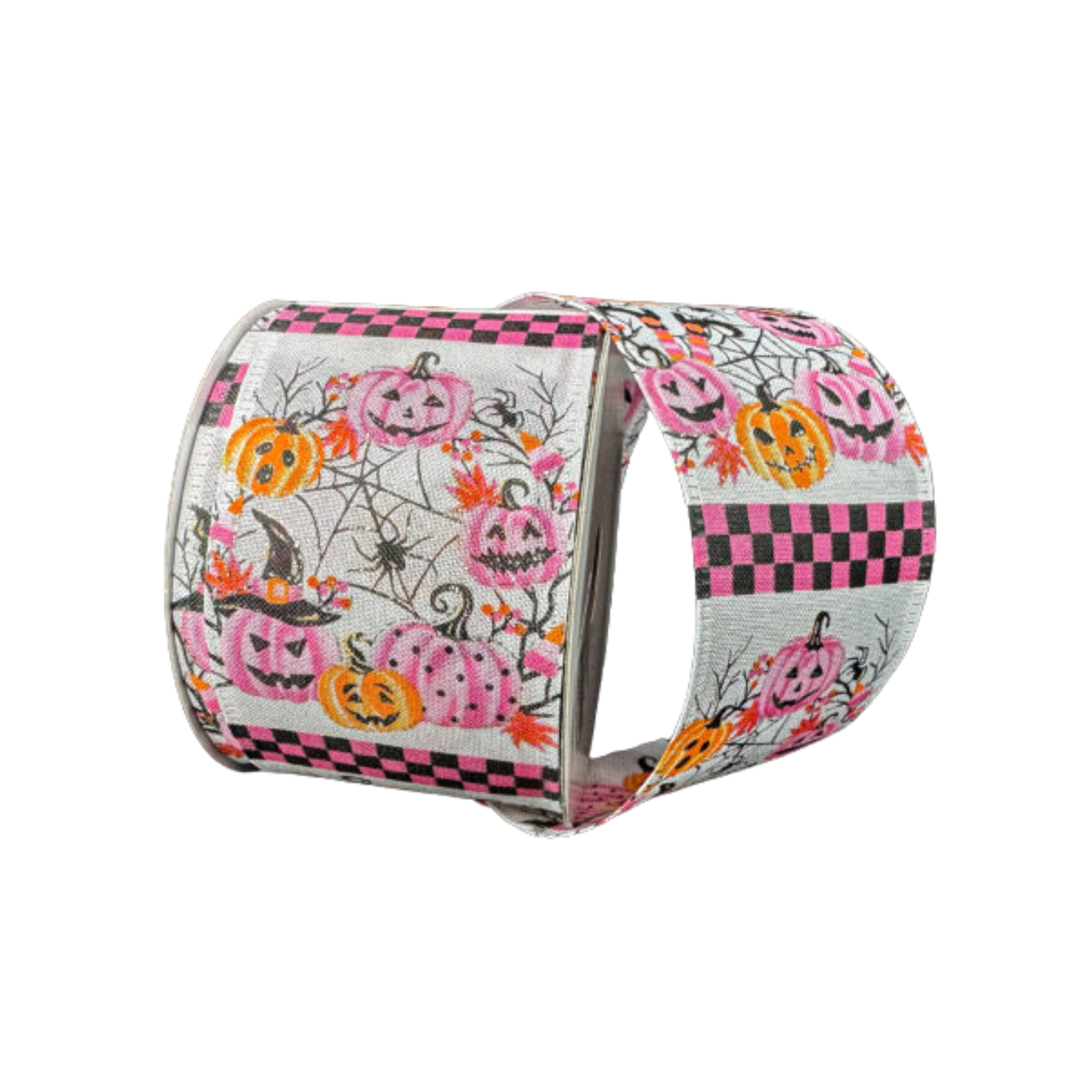 Orange Pink white Pumpkin Spider Web Wired Ribbon – 2.5" x 10 Yards, Wreath Ribbon