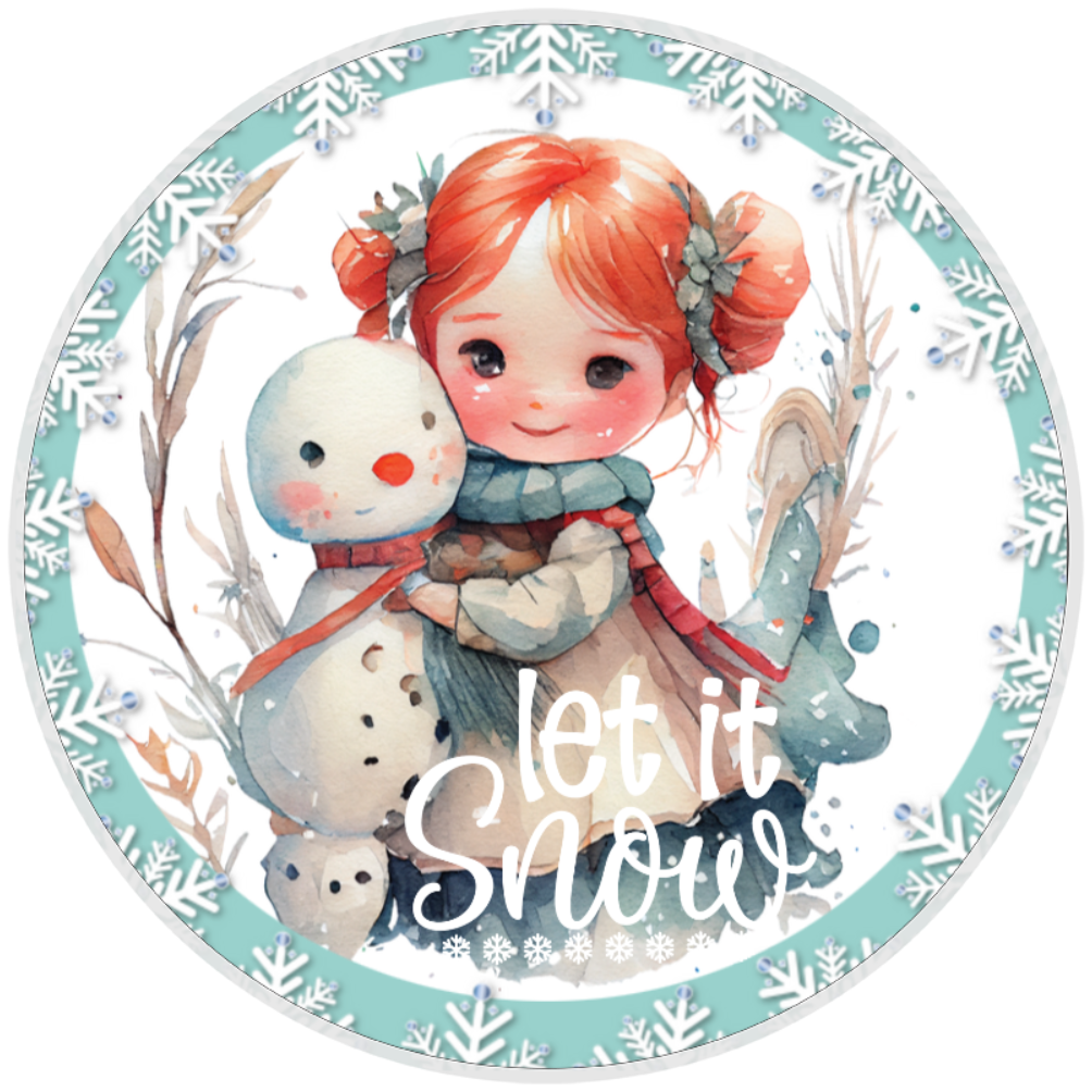 10” Let It Snow Snowman Little Girl Wreath Sign, Home Decor, Aluminum, The Ritzy Cactus