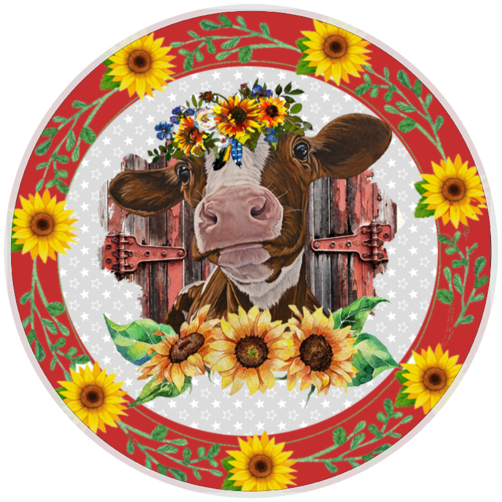 10” Country Cow Sunflower Wreath Sign, Home Decor, Aluminum, The Ritzy Cactus