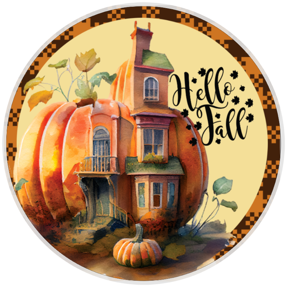 10” Hello Fall Pumpkin House Sign, Home Decor, Aluminum, The Ritzy Cactus
