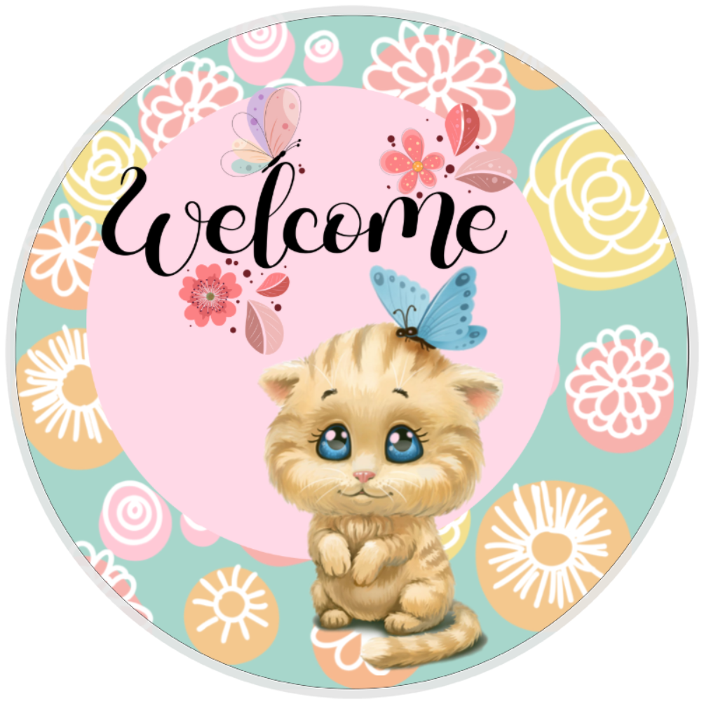 10” Welcome Cat Wreath Sign, Home Decor, Aluminum, The Ritzy Cactus