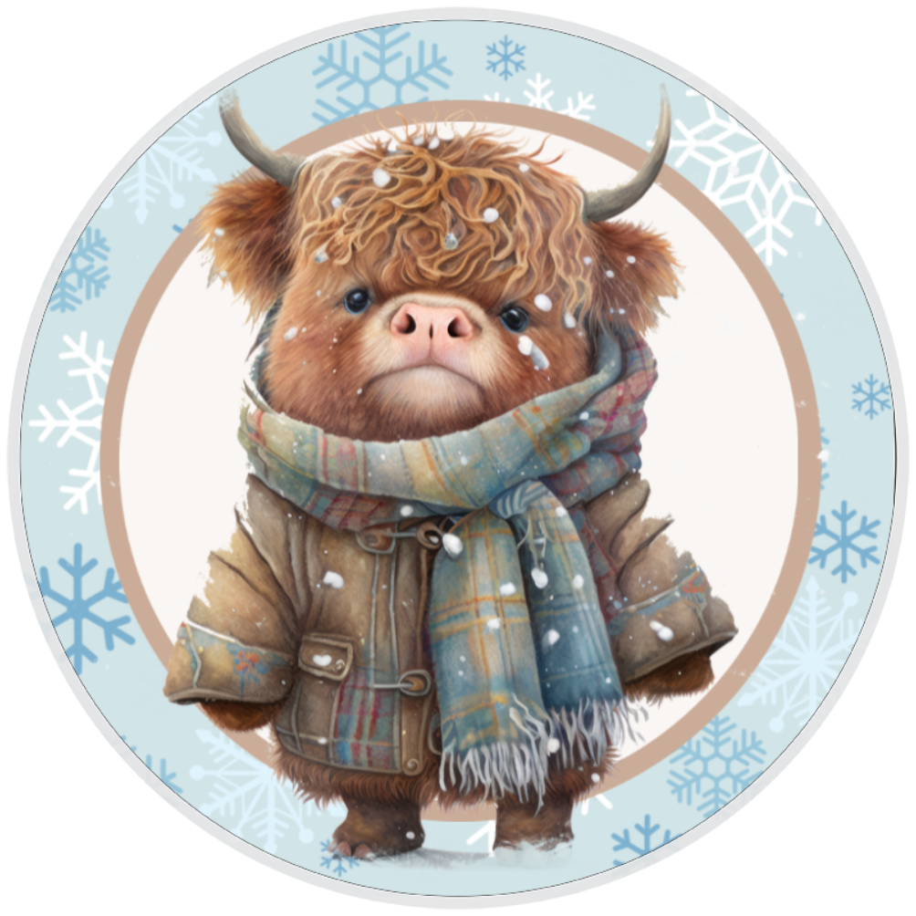 10” Highland Cow Plaid Winter Wreath Sign, Home Decor, Aluminum, The Ritzy Cactus