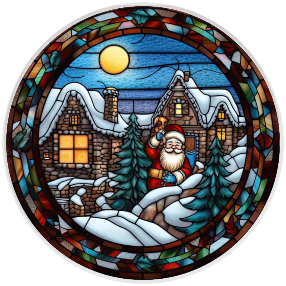 10” Santa Stained Glass Look Wreath Sign, Home Decor, Metal, Aluminum, The Ritzy Cactus