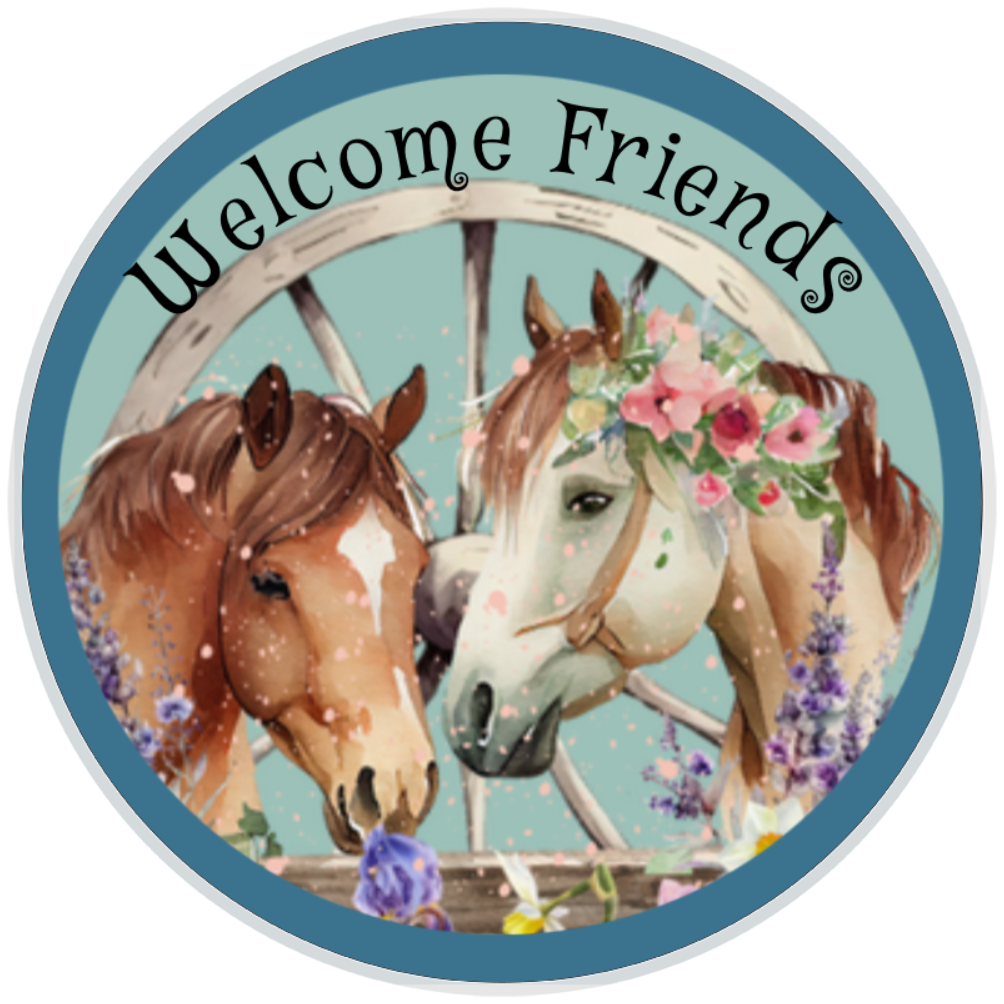 10” Welcome Friends Horse Sign, Home Decor, Aluminum, The Ritzy Cactus