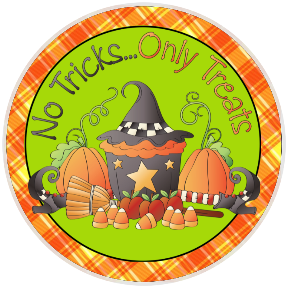 10” No Tricks Just Treats Witch Halloween Sign, Home Decor, Aluminum, The Ritzy Cactus