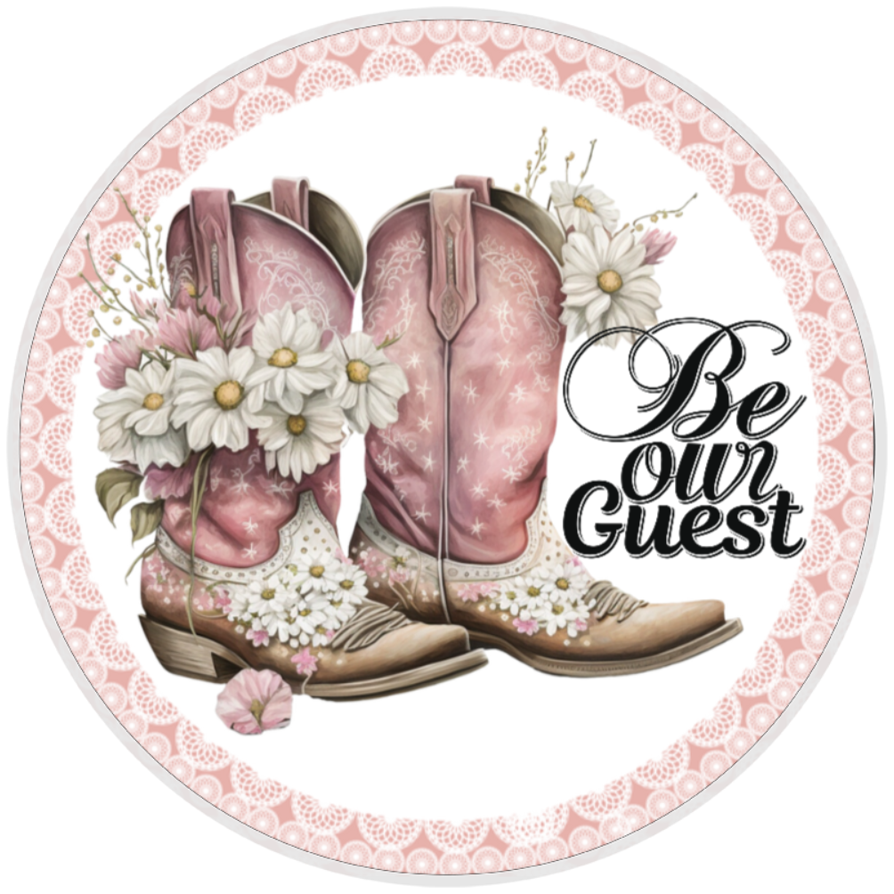 10” Be Our Guest Cowgirl Daisy Boot Sign, Home Decor, Aluminum, The Ritzy Cactus