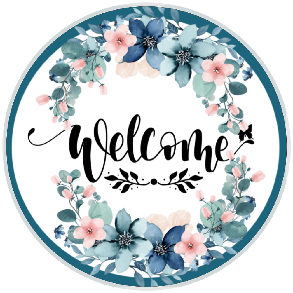 10” Blue Floral Wreath Sign, Home Decor, Aluminum, The Ritzy Cactus