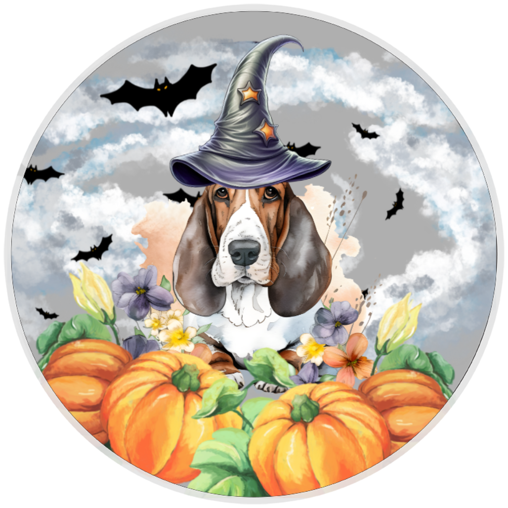 10” Halloween Basset Hound Dog Sign, Home Decor, Aluminum, The Ritzy Cactus