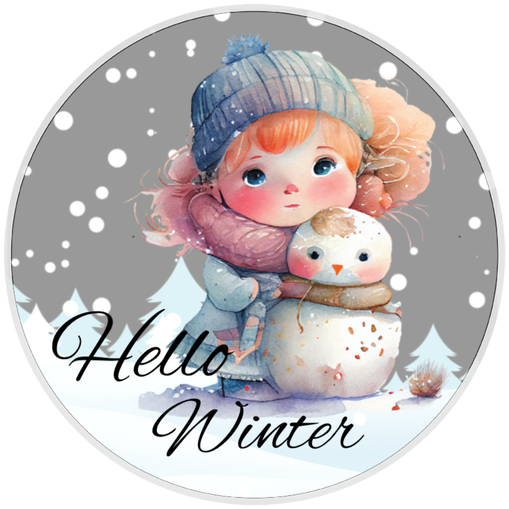 10” Hello Winter Snowman Little Girl Wreath Sign, Home Decor, Aluminum, The Ritzy Cactus