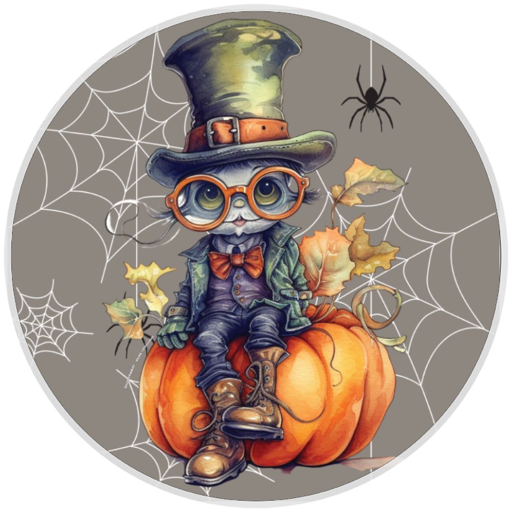 10” Spooky Cat Pumpkin Halloween Wreath Sign, Home Decor, Aluminum, The Ritzy Cactus