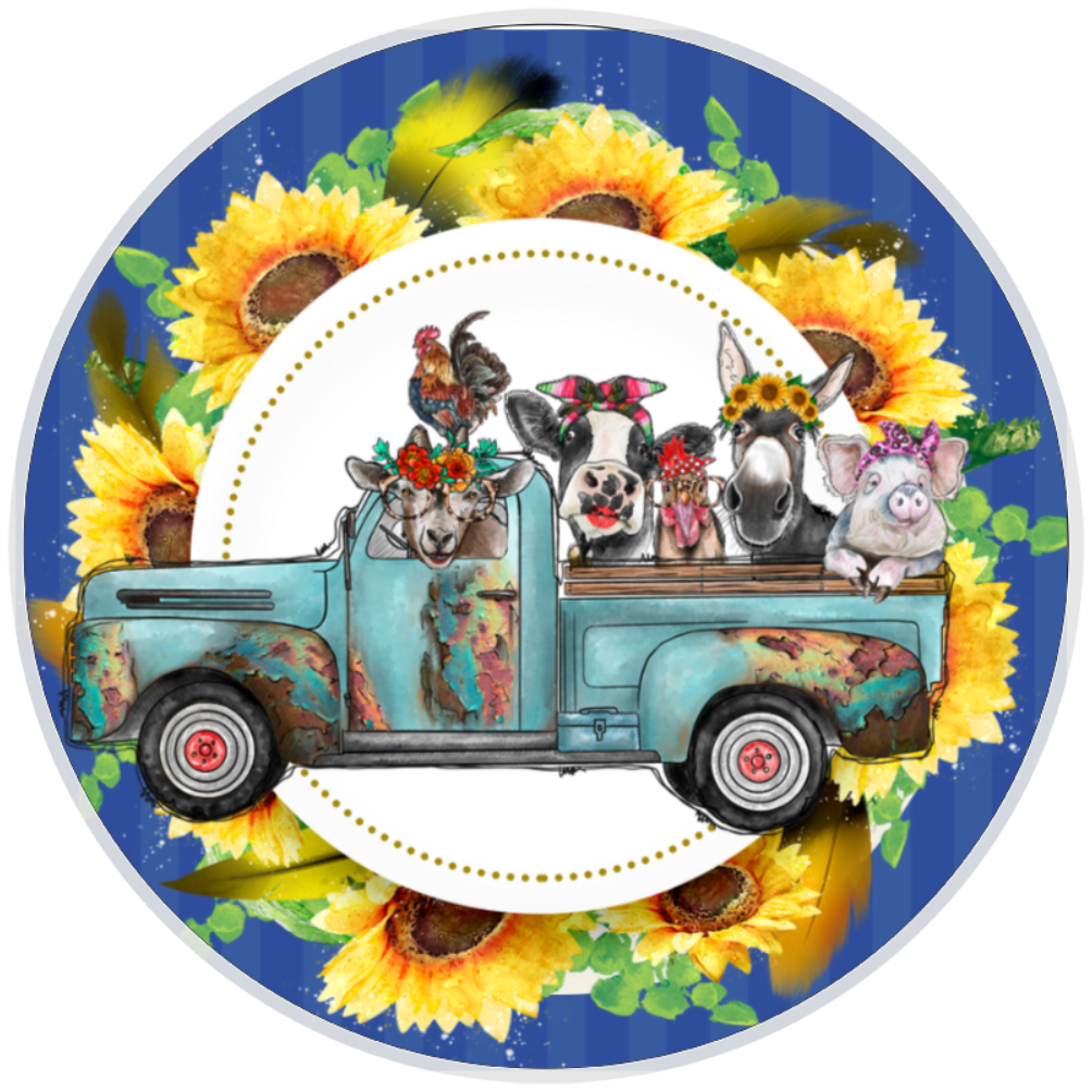 10” Farm Animal Sunflower Truck Wreath Sign, Home Decor, Aluminum, The Ritzy Cactus