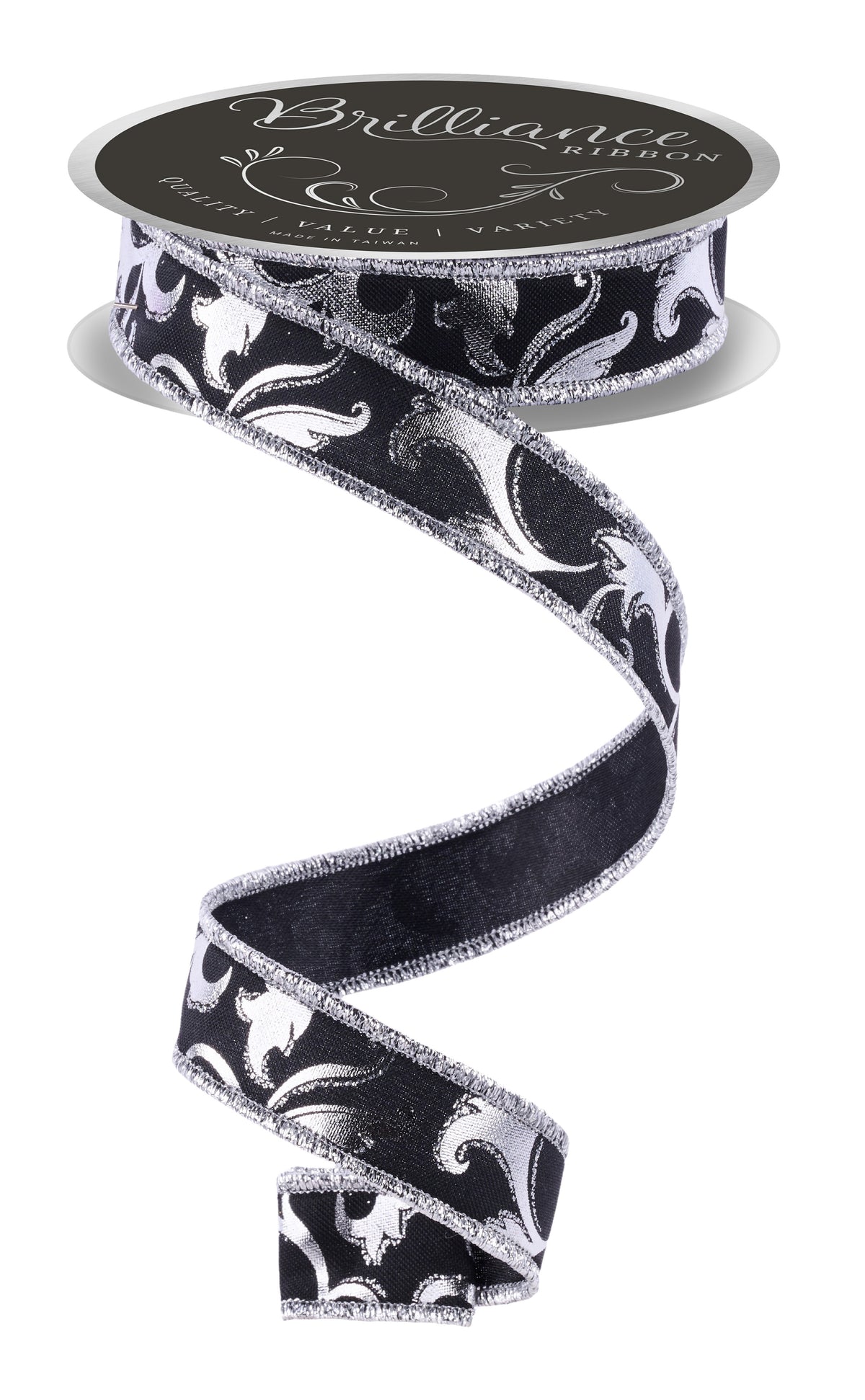 Black Metallic Silver Foil Swirl Wired Ribbon – 7/8" x 10 Yards, Holiday Wreath Ribbon, Craft Supplies