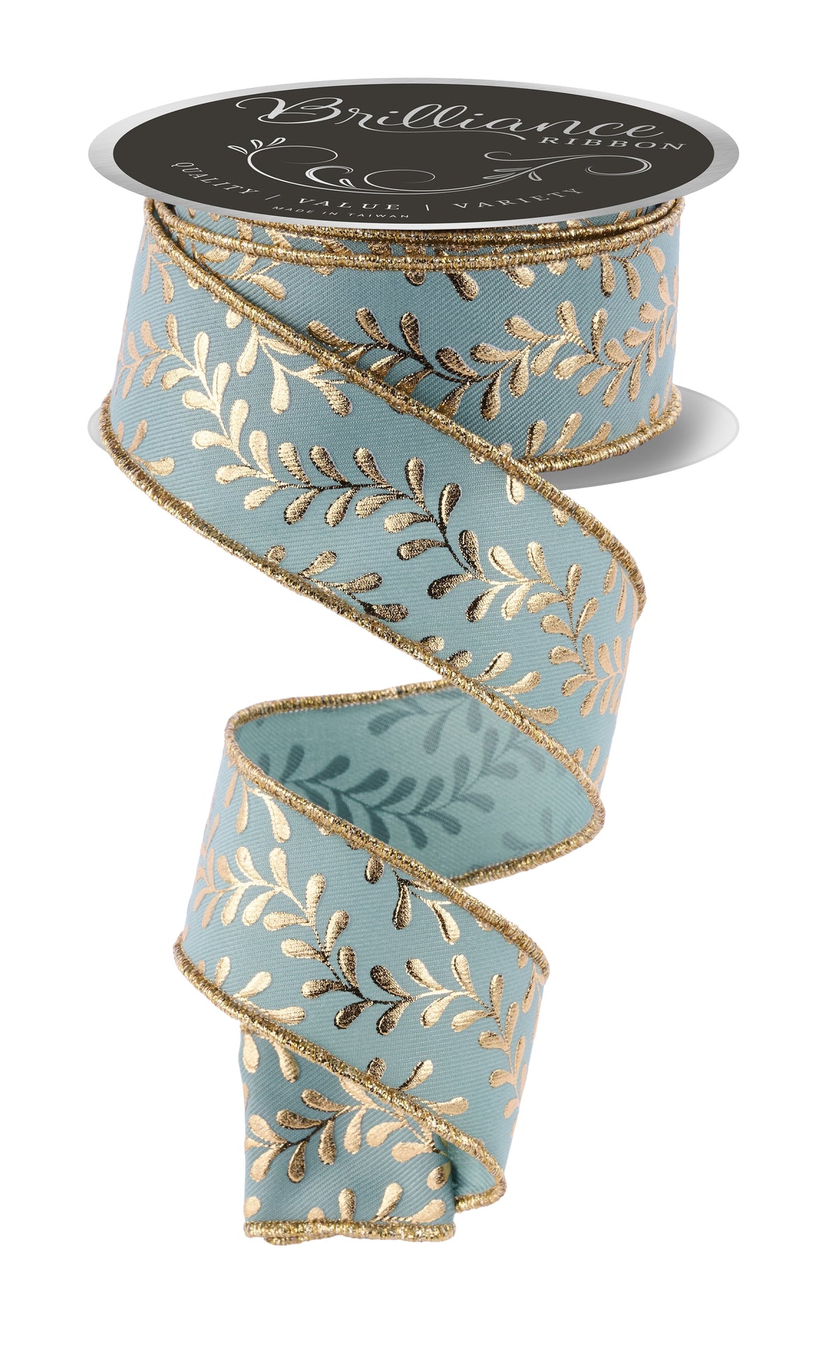 Foil Leaf Garland Wired Ribbon – 1.5" x 10 Yards, Sage Green and Gold Holiday Wreath Ribbon, Craft Supplies