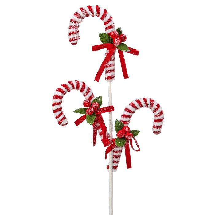 24" Red Candy Cane w/Pompom Holly Spray | Whimsical Christmas Wreath Pick | Classic Holiday Decor | Christmas Wreath Embellishment