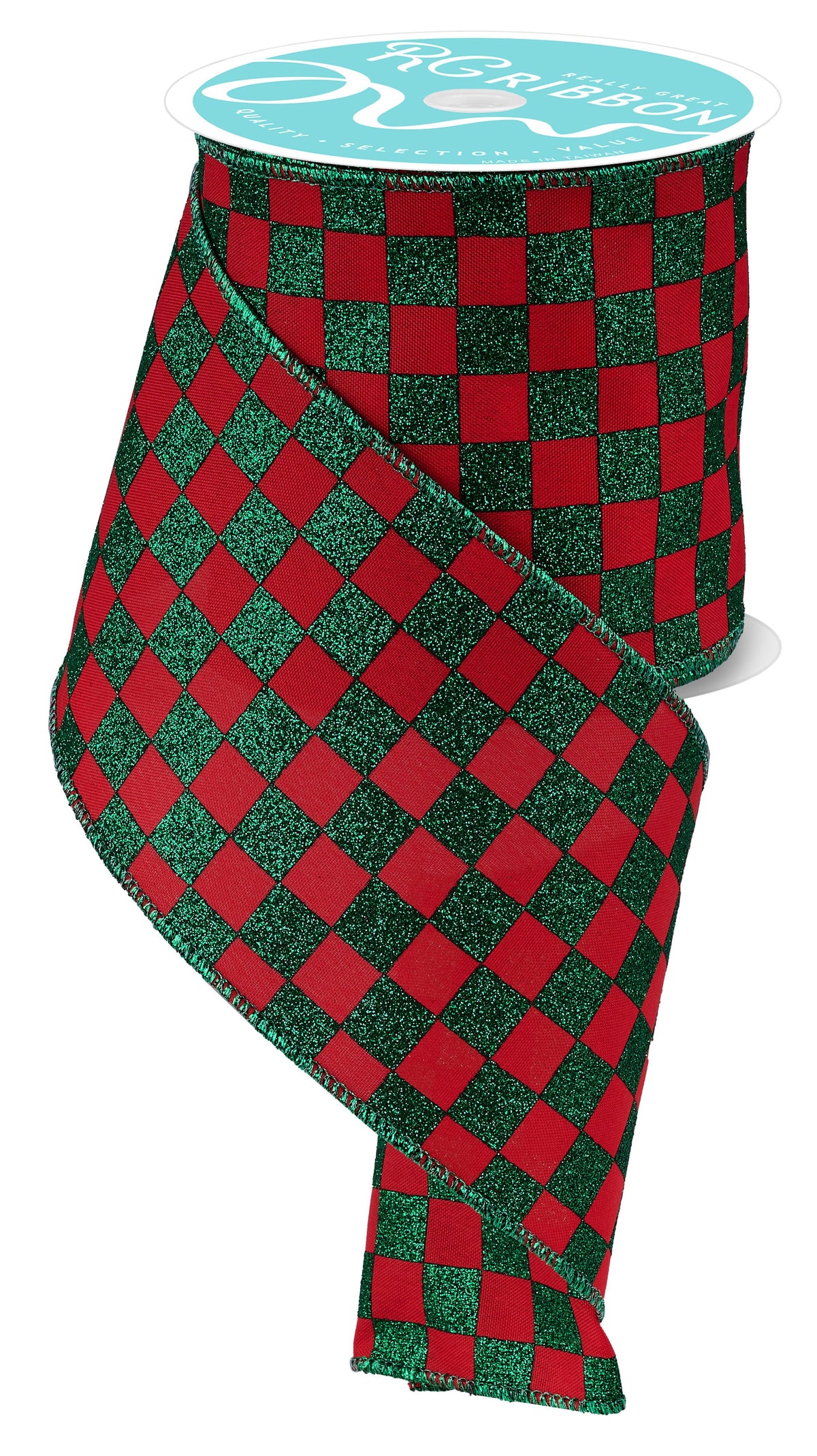 Red Green Glitter Check Wired Ribbon – 4.0" x 10 Yards, Holiday Wreath Ribbon, Craft Supplies