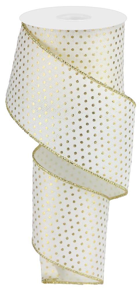 White and Gold Swiss Dot Wired Ribbon – 2.5" x 10 Yards, Holiday Wreath Ribbon, Craft Supplies