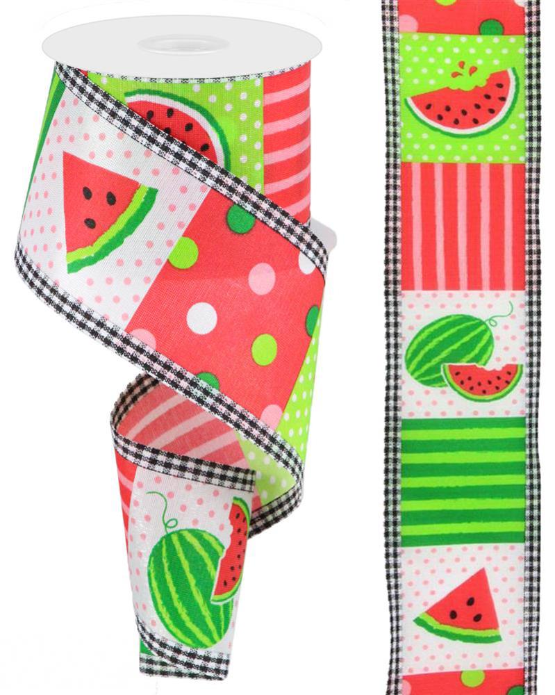 Watermelon Block Gingham Edge Wired Ribbon – 2.5" x 10 Yards, Summer Wreath Ribbon, Craft Supplies