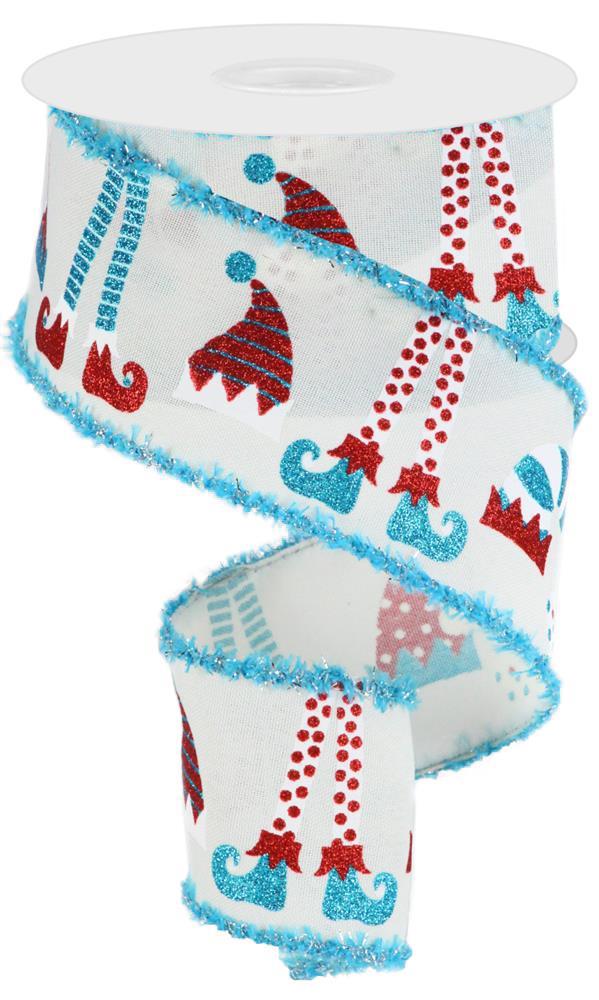 Elf Hat Legs White and Blue Fuzzy Edge Wired Ribbon – 2.5" x 10 Yards, Holiday Wreath Ribbon, Craft Supplies, Winter Ribbon