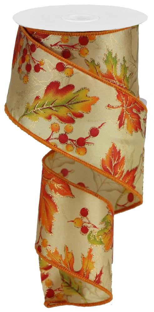 Glittery Autumn Leave & Berry Wired Ribbon – 2.5" x 10 Yards, Fall Wreath Ribbon, Craft Supplies