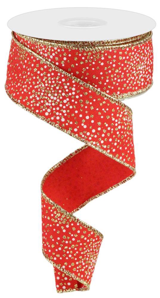 Glitter Dots Diagonal Red Gold Wired Ribbon – 1.5" x 10 Yards, Holiday Wreath Ribbon, Craft Supplies