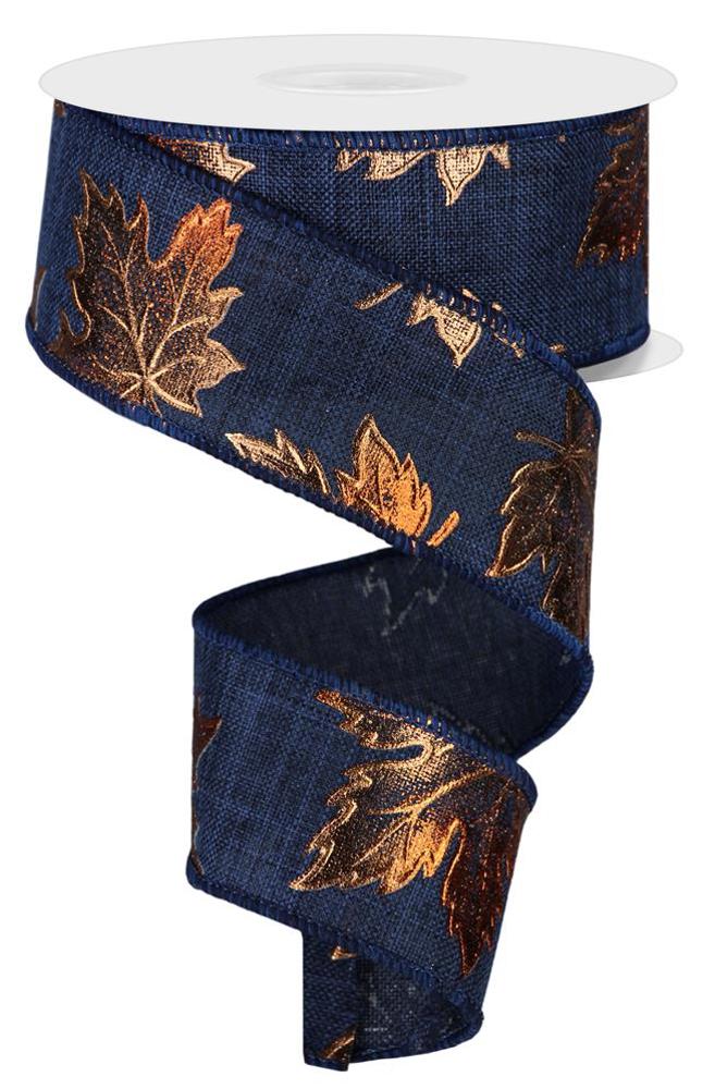 Maple Leaf on Royal Navy and Rust Fall Wired Ribbon – 1.5" x 10 Yards, Holiday Wreath Ribbon, Craft Supplies