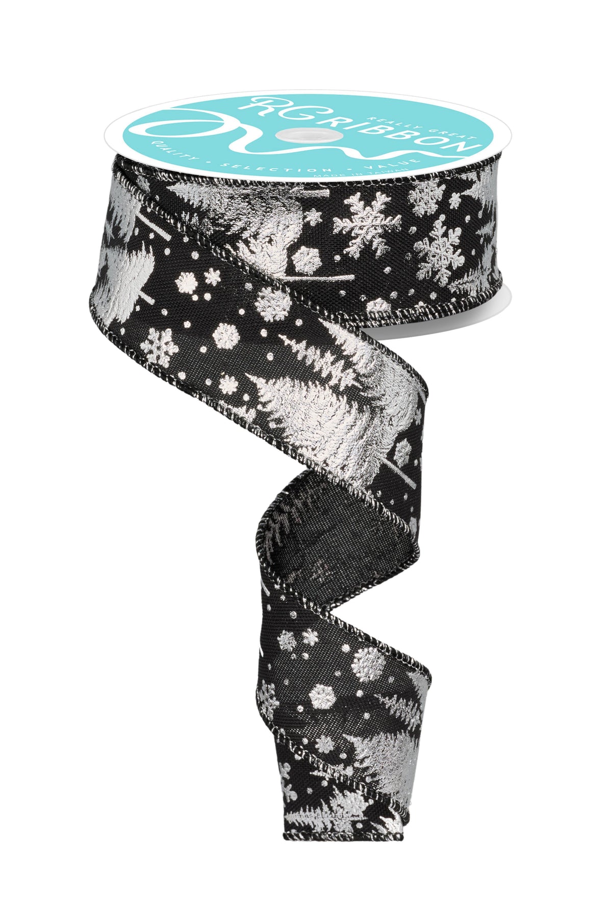 Pine Tree and Snowflake Black and White Winter Wired Ribbon – 1.5" x 10 Yards, Holiday Wreath Ribbon, Craft Supplies