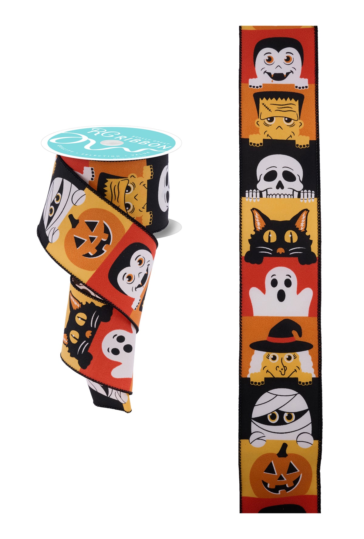 Halloween Peek A Boo Skeleton, Cat, Frankenstein Wired Ribbon – 2.5" x 10 Yards, Wreath Ribbon, Craft Supplies, Fall Ribbon