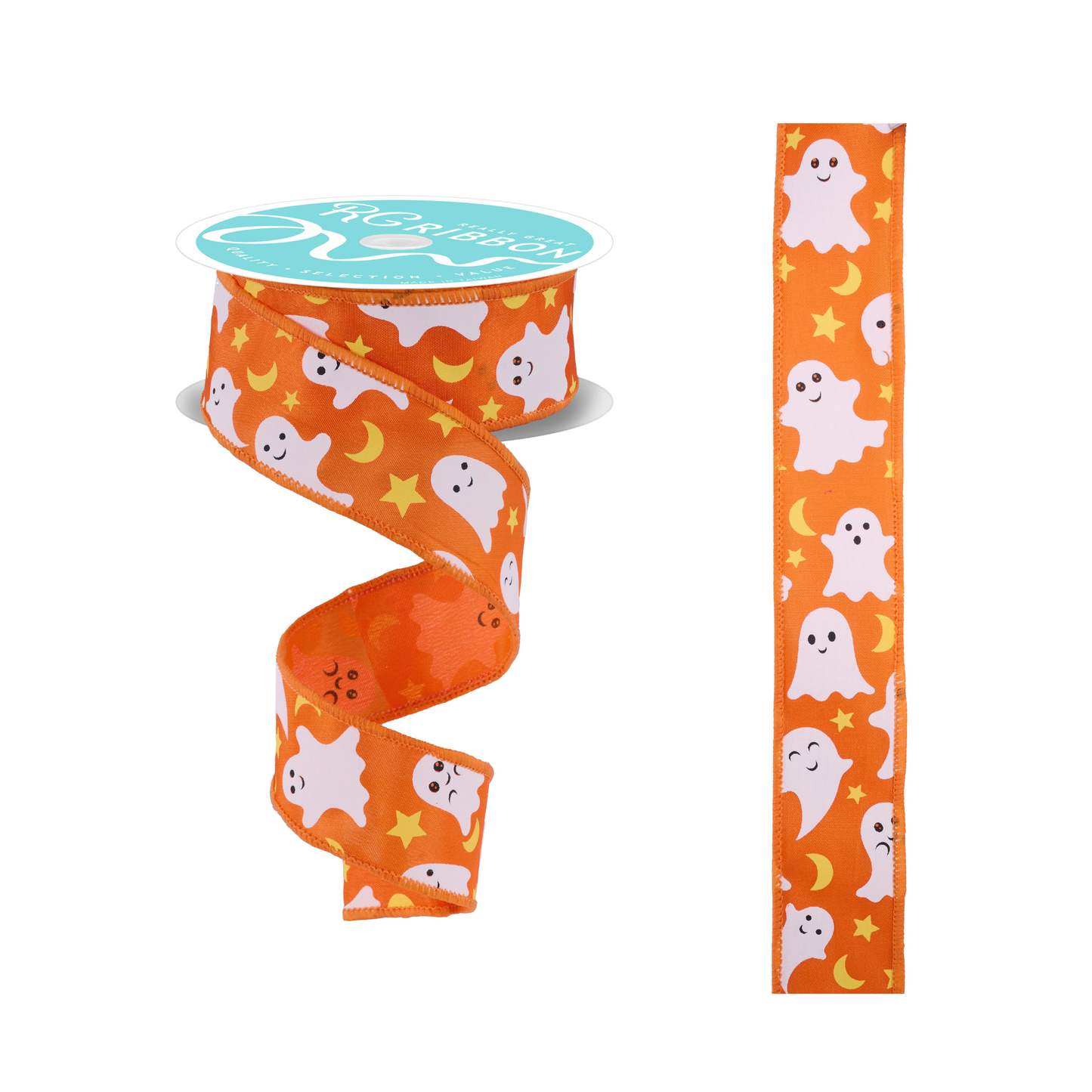 Ghost Moon Stars Halloween Wired Ribbon by RG Ribbon – 1.5" x 10 Yards, Wreath Supplies, The Ritzy Cactus