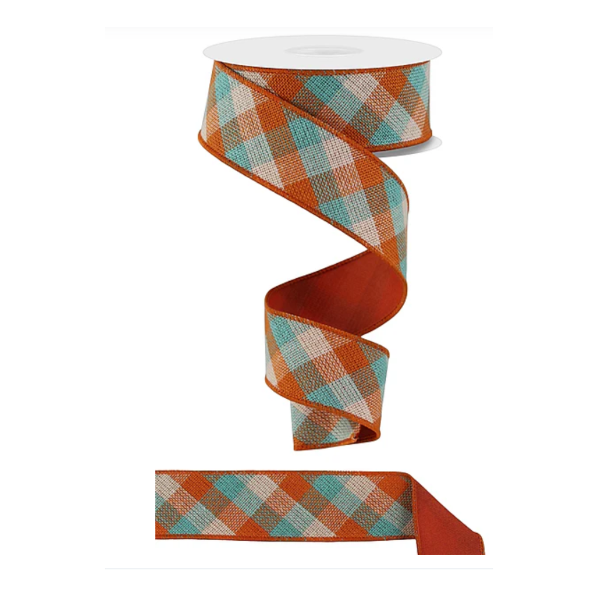 Diagonal Woven Check Teal Orange Cream Wired Ribbon – 1.5" x 10 yards