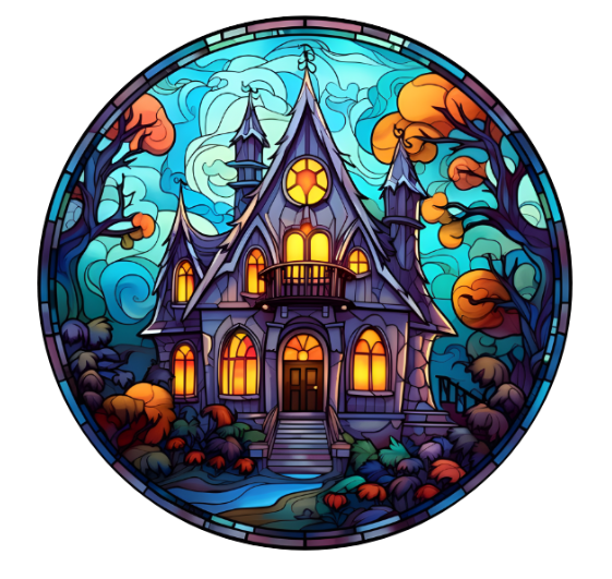 10” Faux Stained Glass Look Halloween House Metal Sign, Wreath Sign, Metal Sign, Home Decor