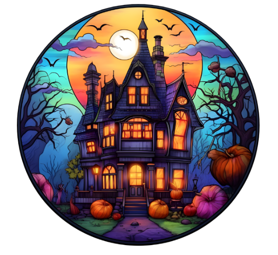 10” Faux Stained Glass Look Spooky Halloween House Metal Sign, Wreath Sign, Metal Sign, Home Decor