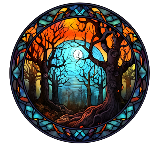10” Faux Stained Glass Look Spooky Woods Halloween Metal Sign, Wreath Sign, Metal Sign, Home Decor