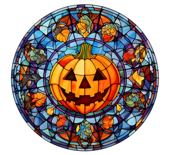 10” Faux Stained Glass Look Pumpkin Leaves Halloween Metal Sign, Wreath Sign, Metal Sign, Home Decor
