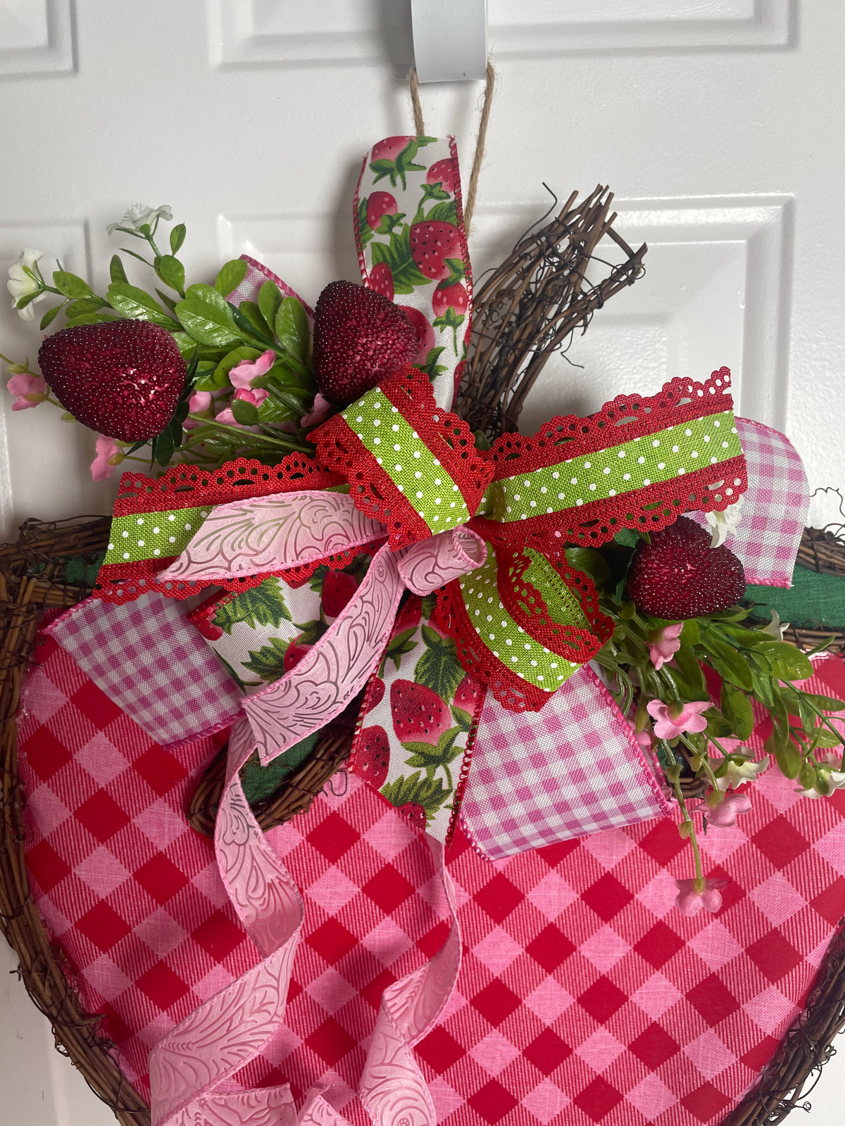 Strawberry Grapevine Fabric Wreath Door Decoration Pink Ribbon - 14 x 21 Inches – One-of-a-Kind Summer Décor (Copy)