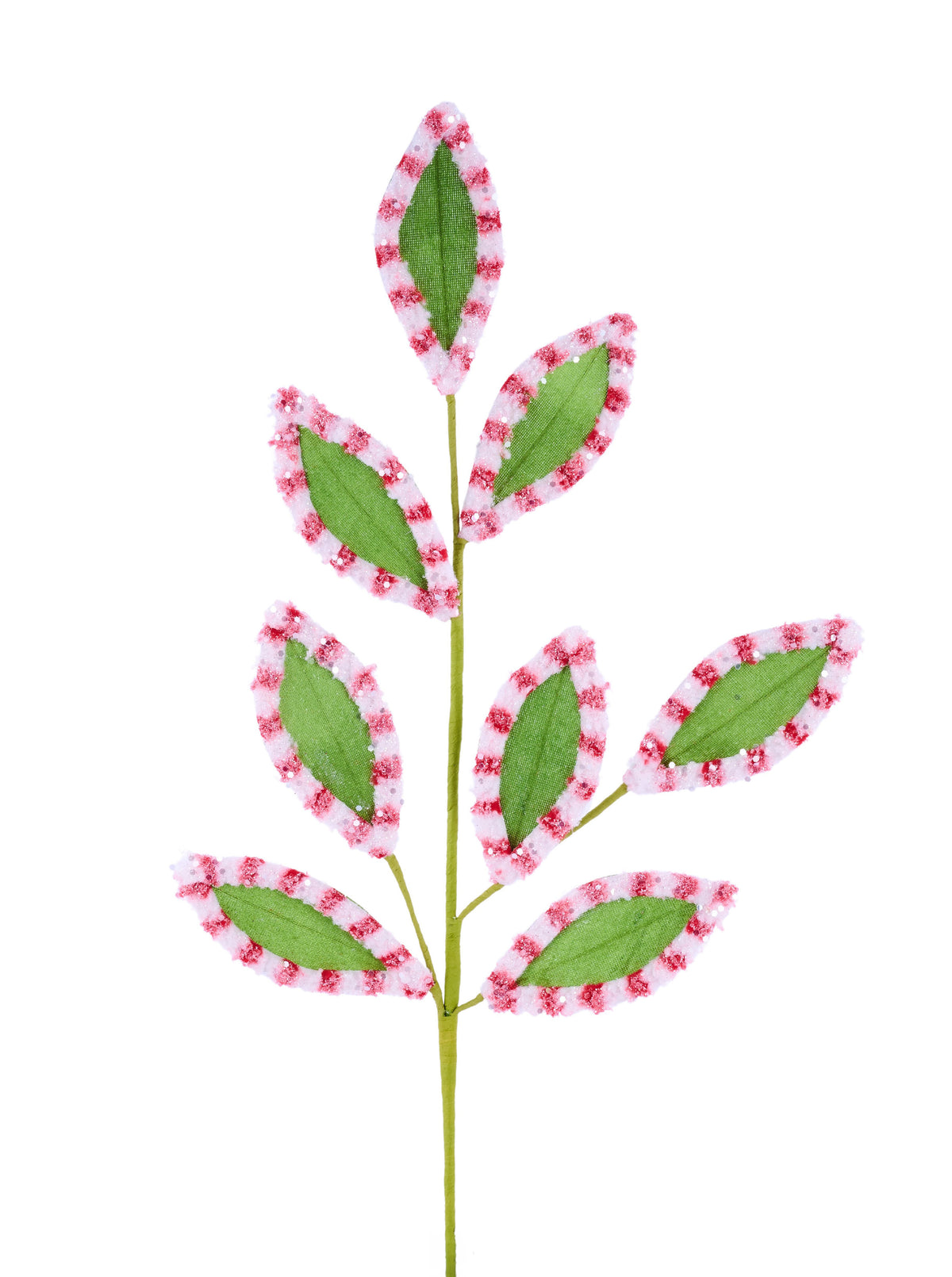 27" Velvet Fleece Peppermint Striped Edge Leaf Spray | Whimsical Wreath Pick | Holiday Embellishment | DIY Wreath Supply