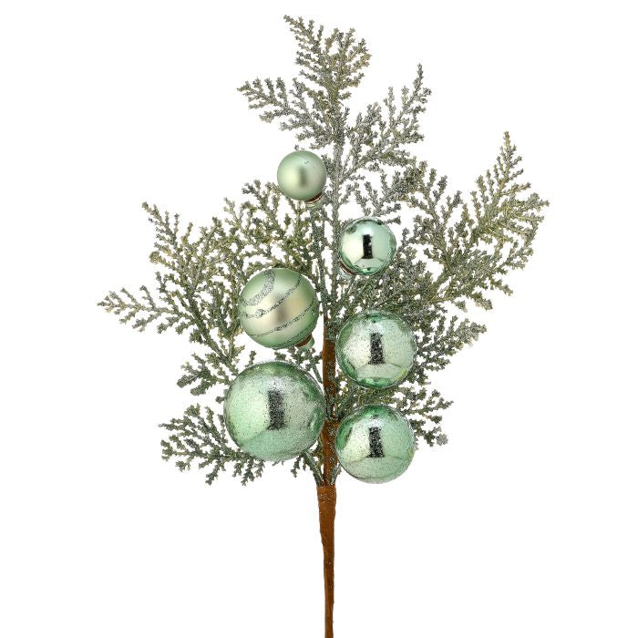 15" Blush Mint Green Glitter Ball Metallic Cedar Spray | Holiday Floral Spray | DIY Christmas Decor Wreath Embellishment | Wreath Supplies