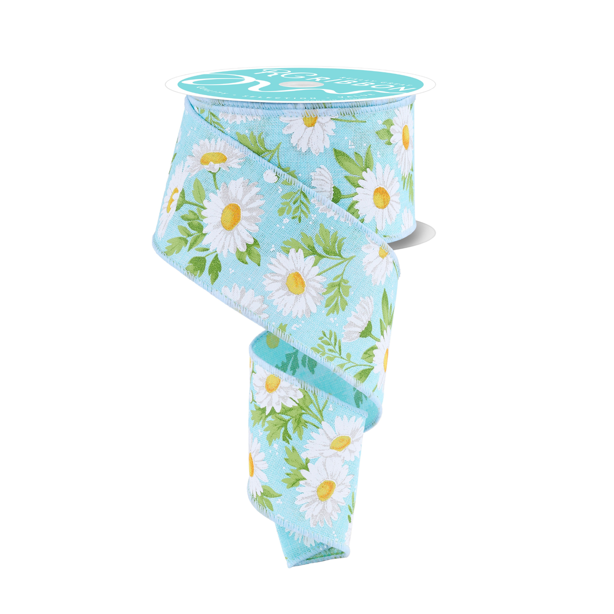 Daisies with Greenery Blue Wired Ribbon– 2.5" x 10 Yards, Wreath Ribbon, Craft Supplies