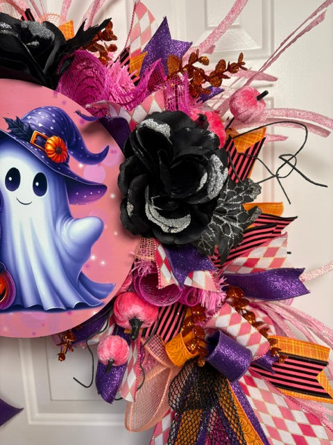Boujee Pink & Orange Arched Swag Halloween Wreath – Cute Spooky Door Décor with Glitter Grass and Black Roses