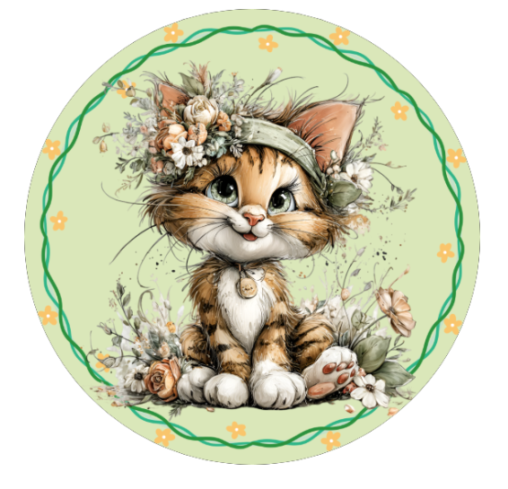 10” Green Floral Cat Wreath Sign, Metal Wreath Sign, Home Decor, DIY, Wreathmaking