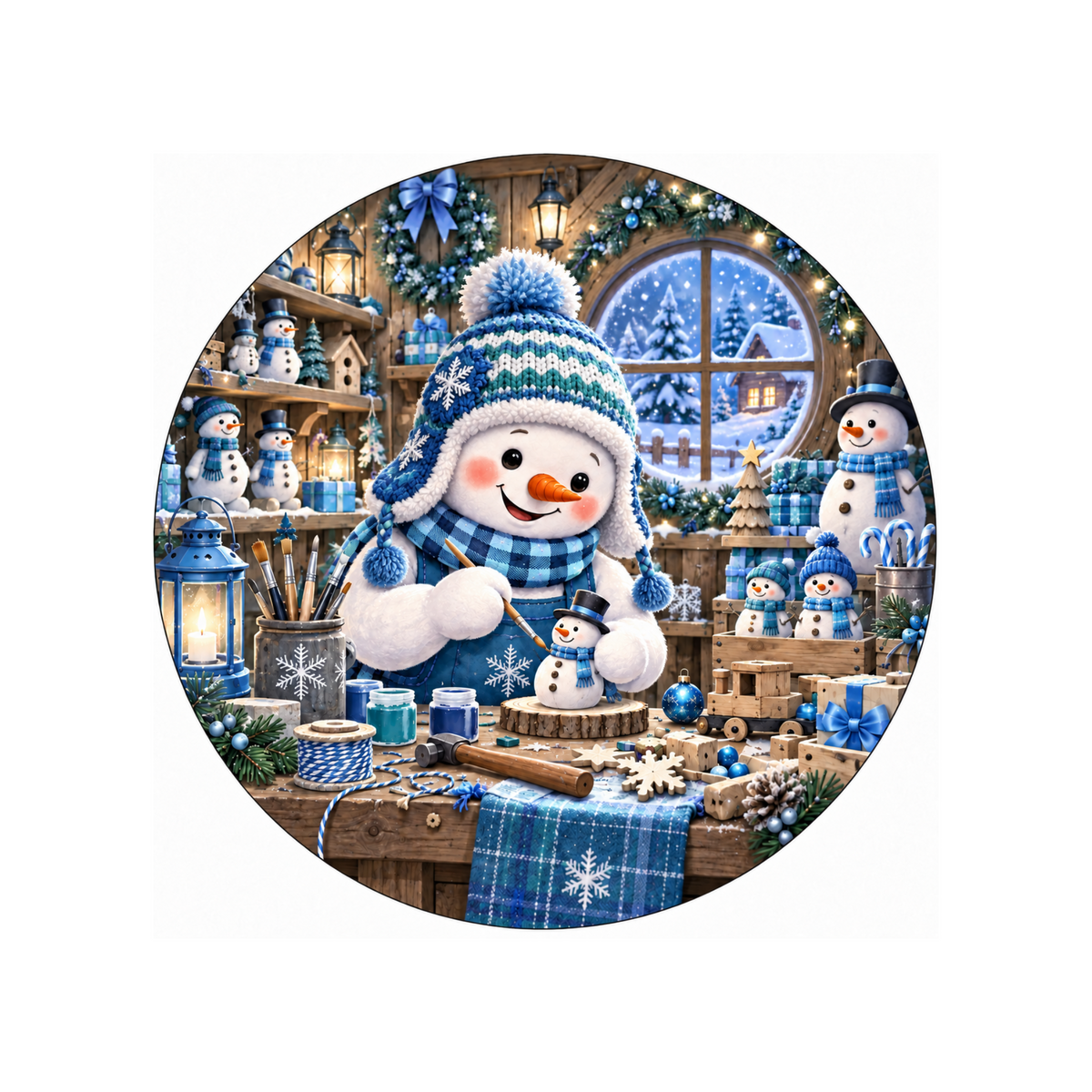 10" Snowman Workshop Sign, Metal Wreath Sign, Wreath Sign