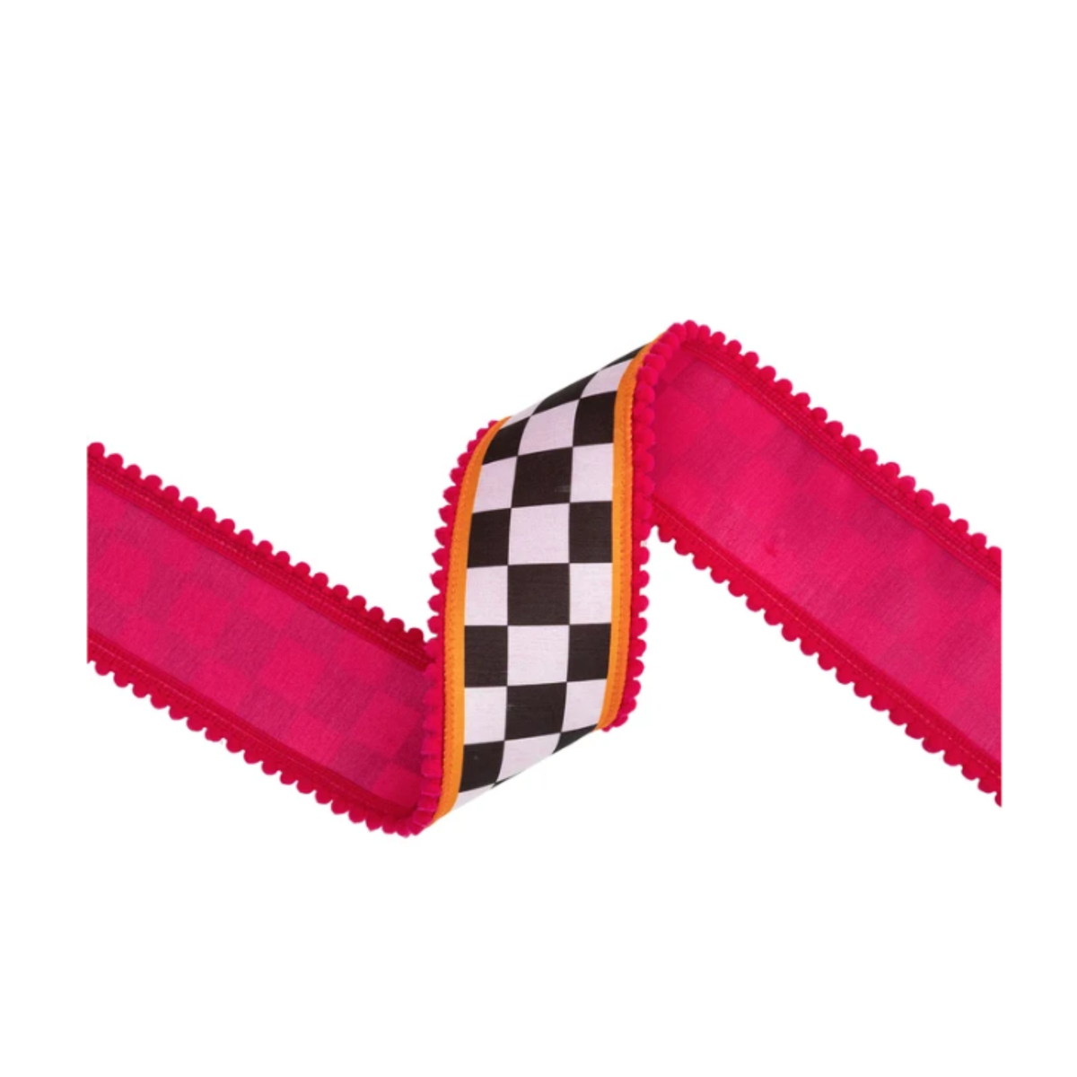 2 1/2" Wired Dupioni Ribbon | Large Black/White Check with Orange and Pink Pom Pom Edging w/ Pink Backing | 10 Yard Roll